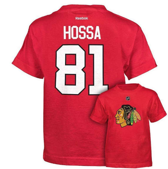 Chicago Blackhawks Marian Hossa Red Reebok 2015 Stanley Cup Champions Name & Number T-Shirt for Men product image 1,