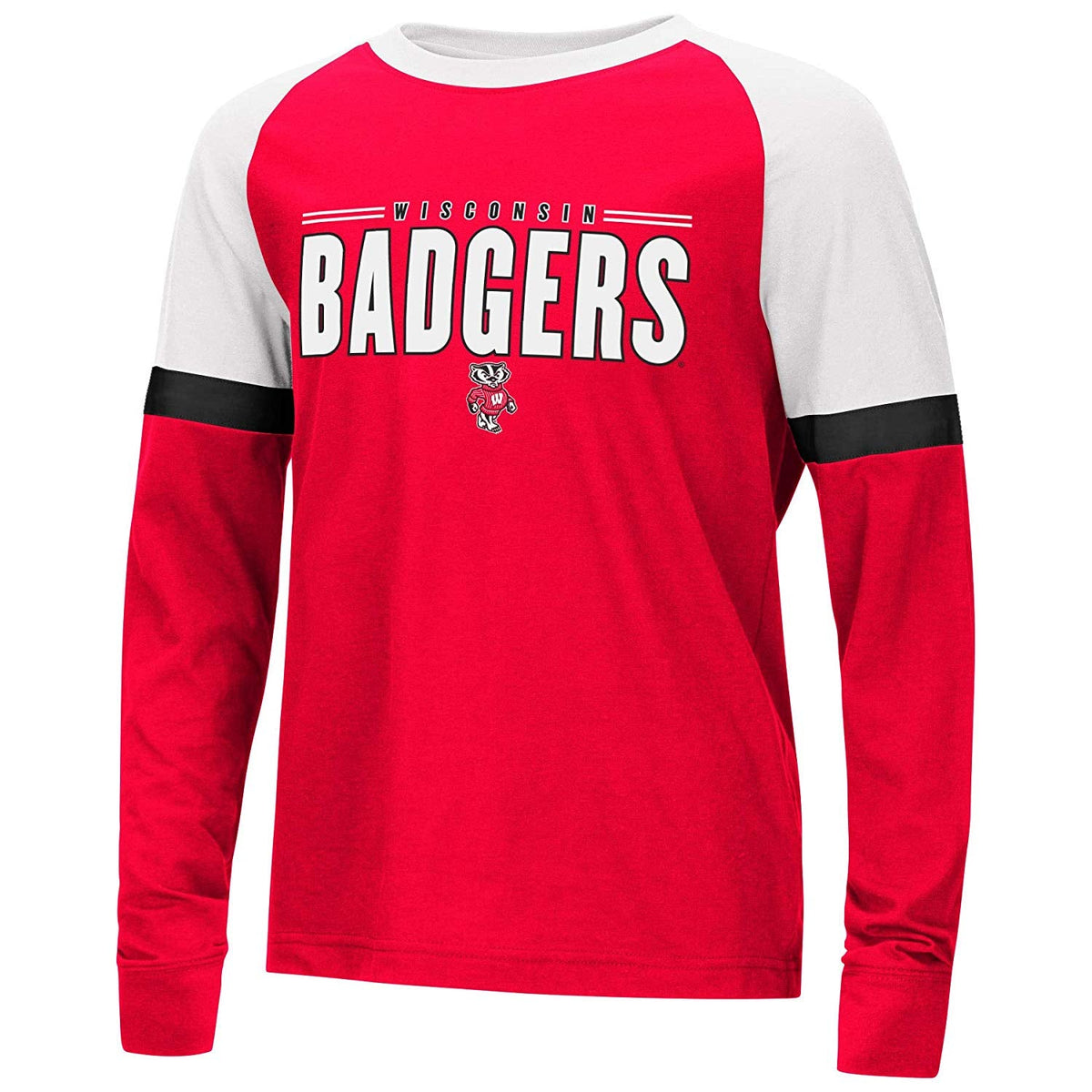 Wisconsin Badgers Colosseum Youth Ollie Long Sleeve Raglan T-Shirt product image 1, provided for visual reference and