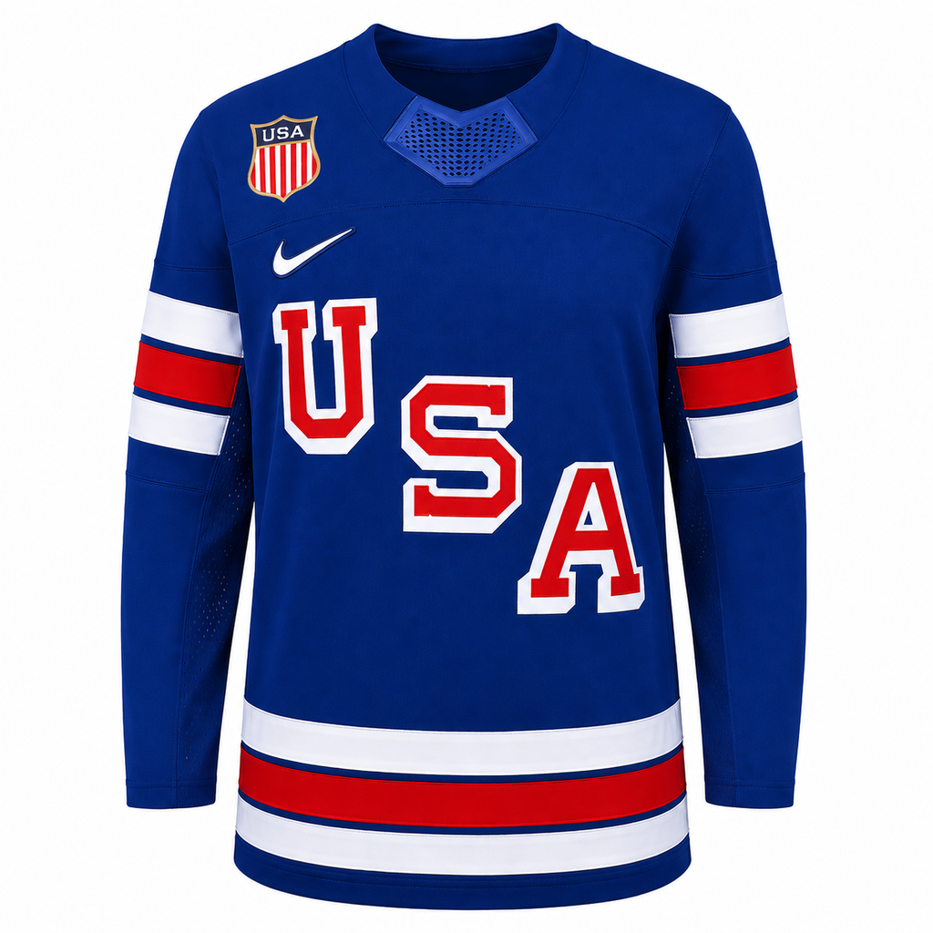 Team USA Hockey Nike Blue Replica Jersey for Men product image 1, provided for visual reference and product detail review