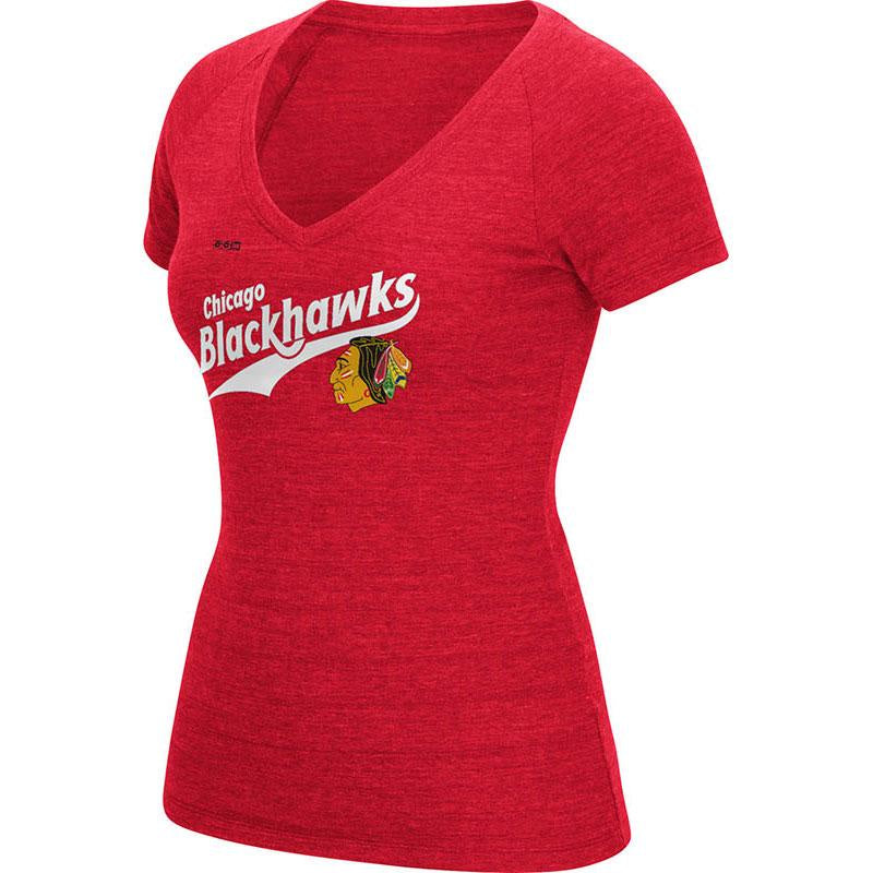 Chicago Blackhawks CCM Red Tri Blend Tail Sweep Slide T-Shirt for Women product image 1, provided for visual reference and