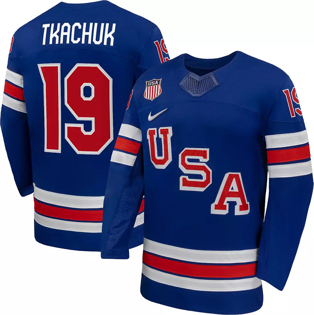 Team USA Hockey Nike Matthew Tkachuk #19 Blue Replica Jersey for Men product image 1, provided for visual reference and