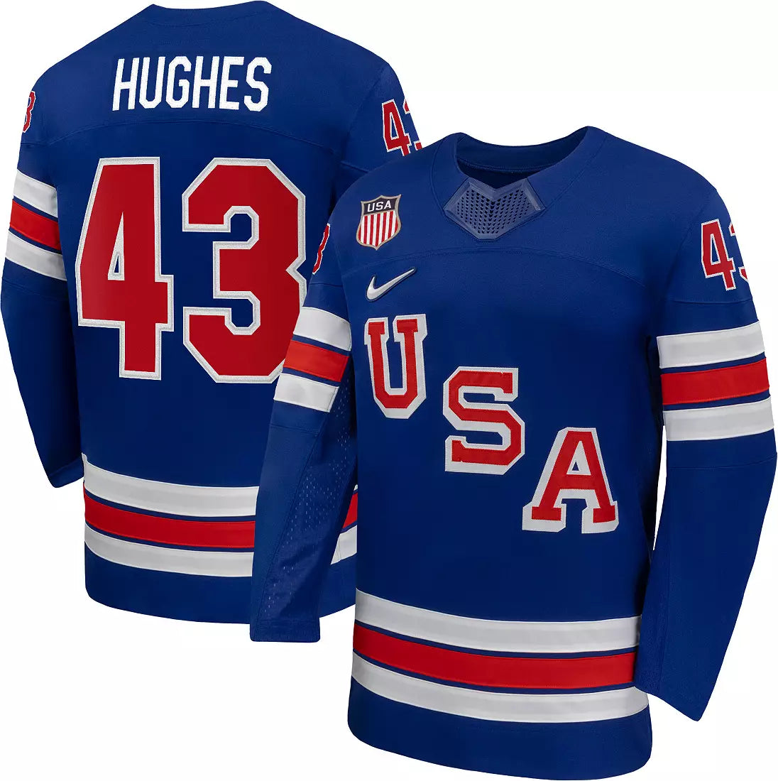 Team USA Hockey Nike Quinn Hughes #43 Blue Replica Jersey for Men product image 1, provided for visual reference and product