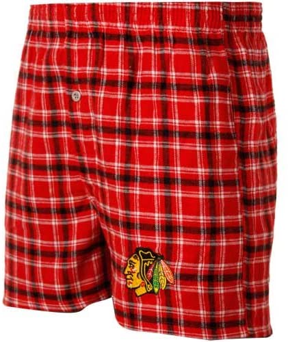 Chicago Blackhawks Red-Black Plaid Match-Up Flannel Boxer Shorts product image 1, provided for visual reference and product