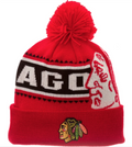 Chicago Blackhawks Youth Red Faceoff Cuffed Knit Pom product image 1, provided for visual reference and product detail review