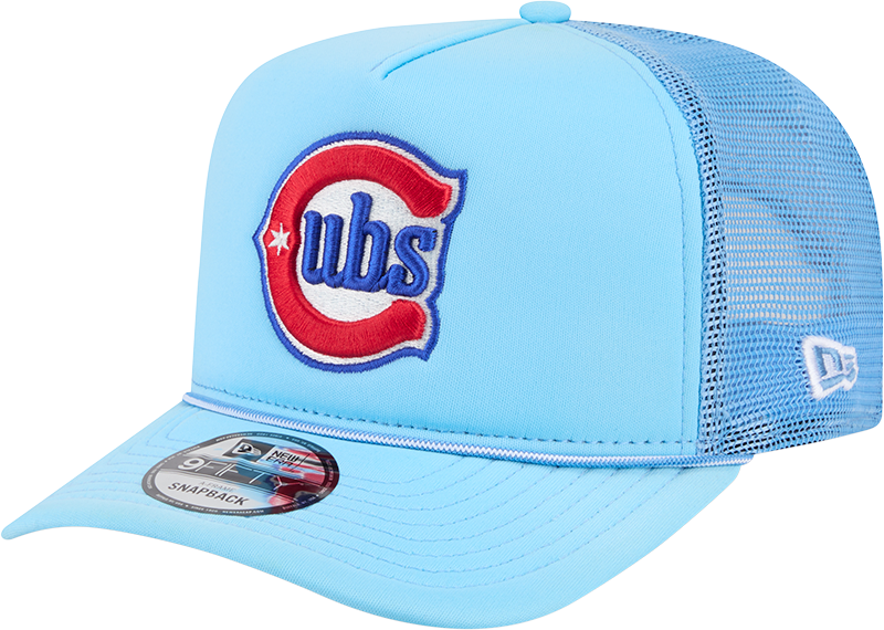 Chicago Cubs New Era Blue Worn A-Frame 9FIFTY Trucker Snapback Hat product image 1, provided for visual reference and