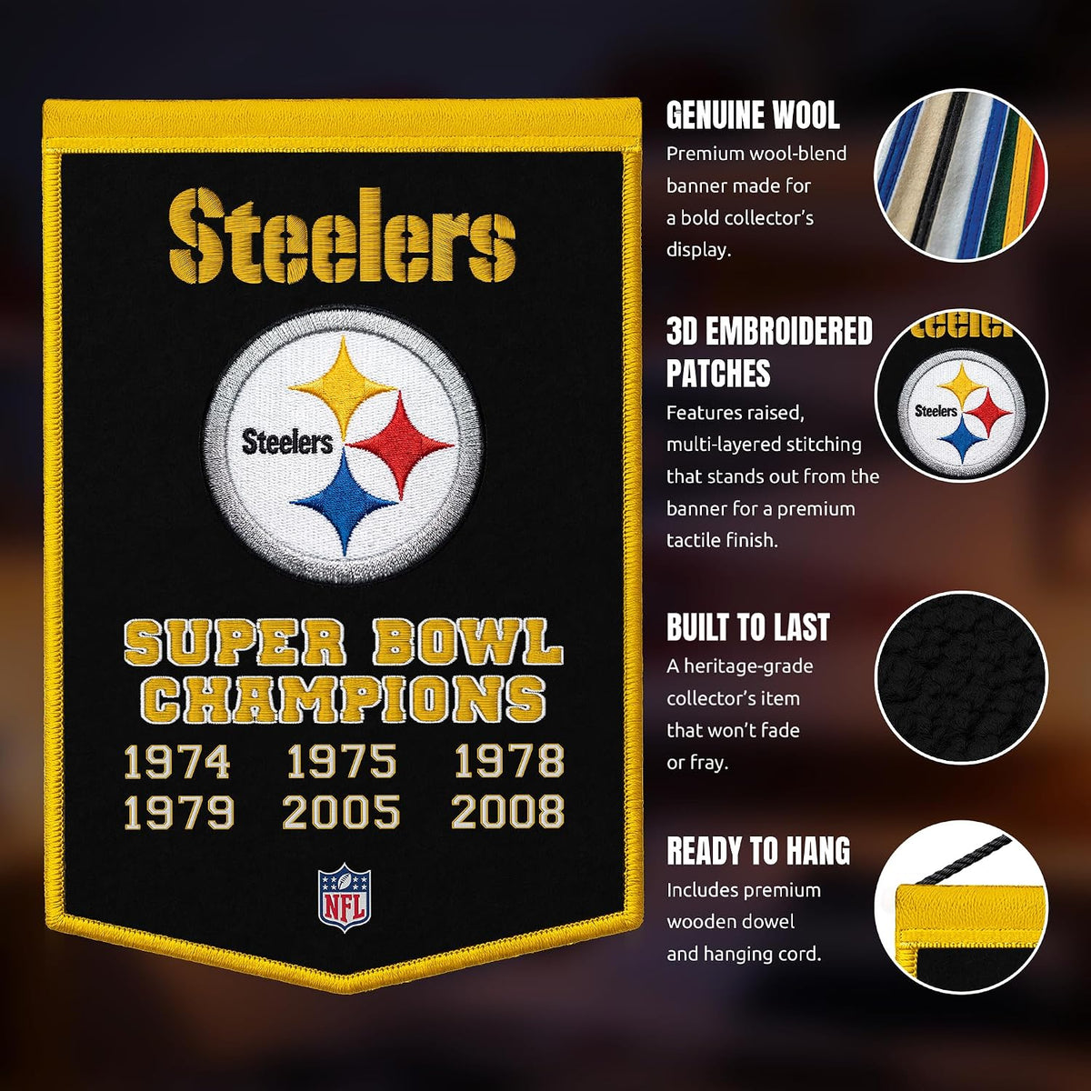 NFL Pittsburgh Steelers Dynasty Banner 24" by 36" product image 4, provided for visual reference and product detail review