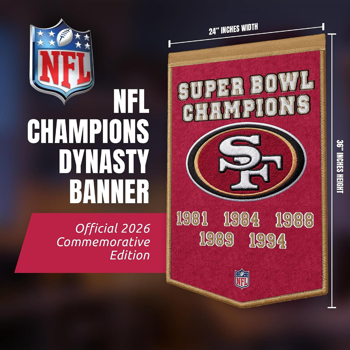 NFL San Francisco 49ers Dynasty Banner 24" by 36" product image 2, provided for visual reference and product detail review