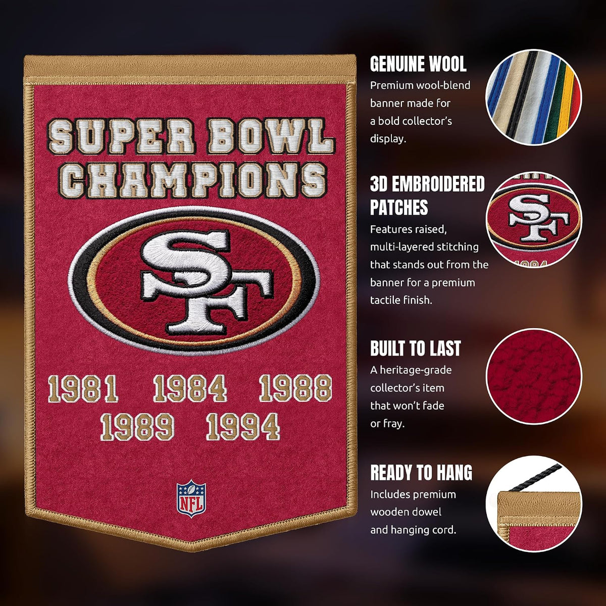 NFL San Francisco 49ers Dynasty Banner 24" by 36" product image 5, provided for visual reference and product detail review