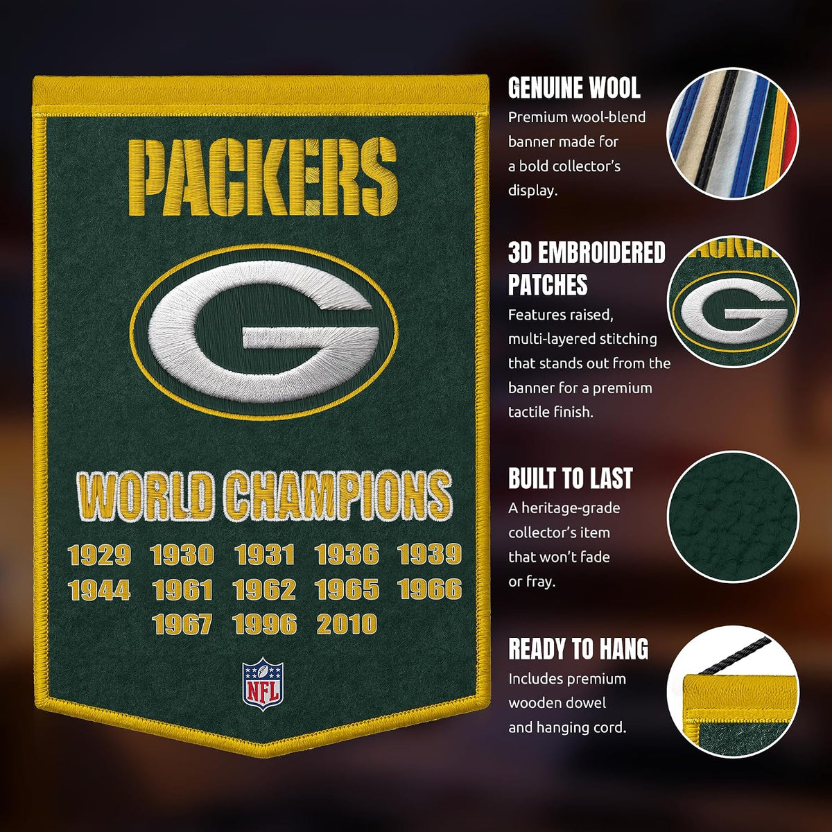 NFL Green Bay Packers Heritage Banner Wall Decor 24" x 36" product image 4, provided for visual reference and product detail