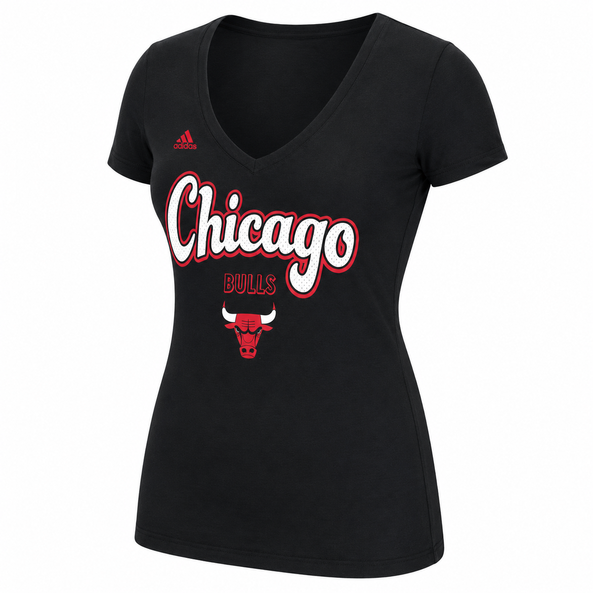 Womens Chicago Bulls Mesh Arch Outline V Neck T-Shirt product image 1, provided for visual reference and product detail