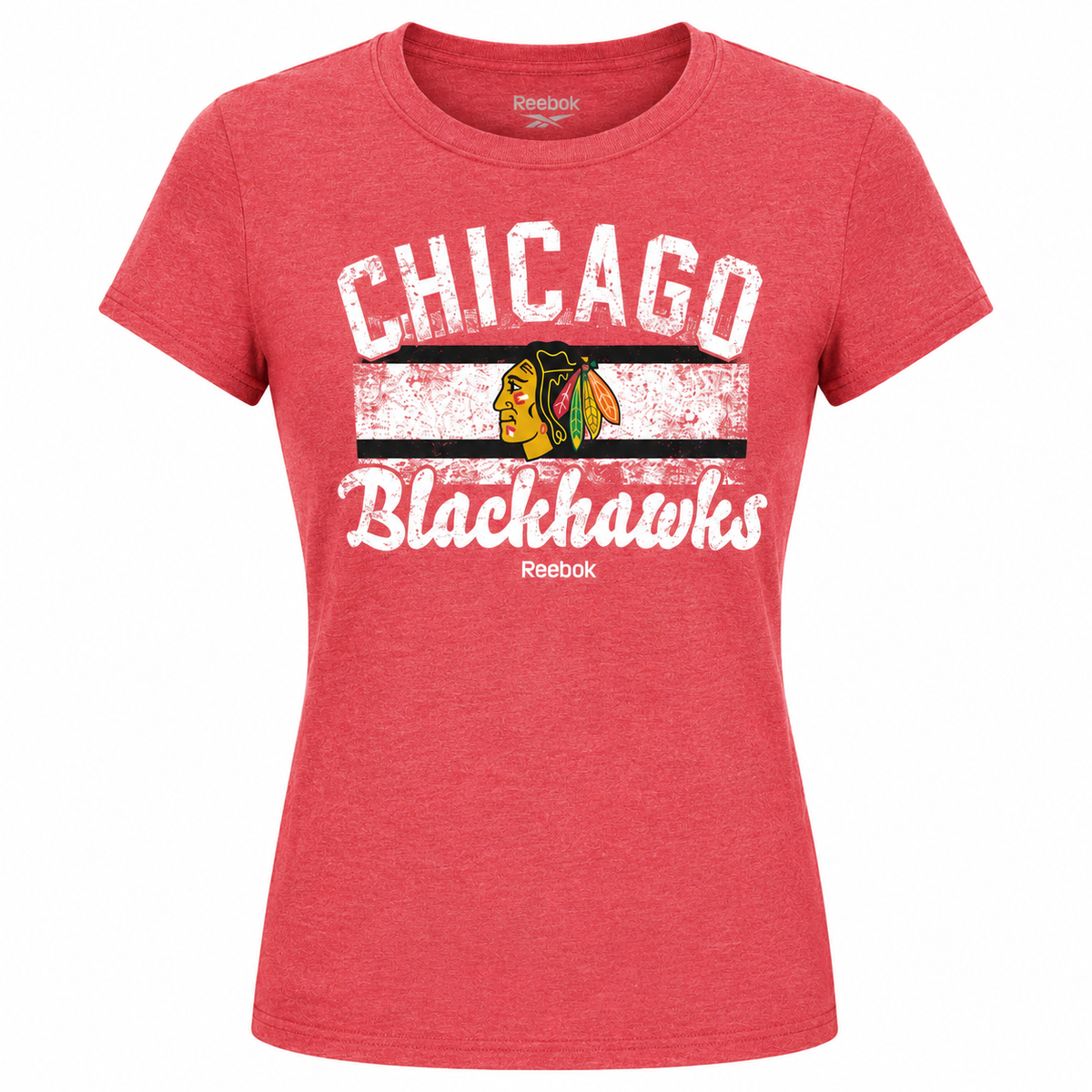 Womens Chicago Blackhawks Reebok Bar Red T-Shirt product image 1, provided for visual reference and product detail review