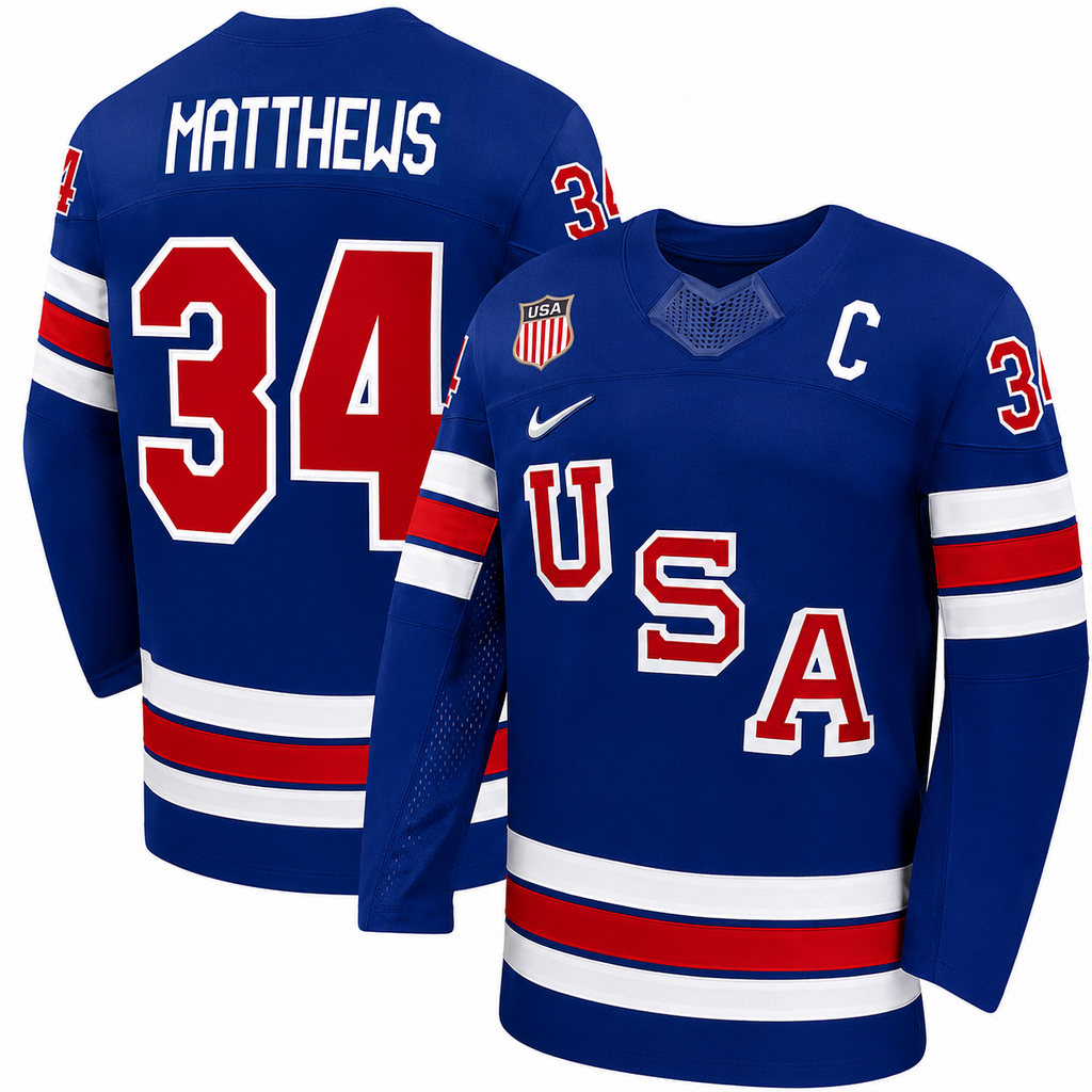 Youth Team USA Hockey Nike Auston Matthews #34 Blue Replica Jersey product image 1, provided for visual reference and