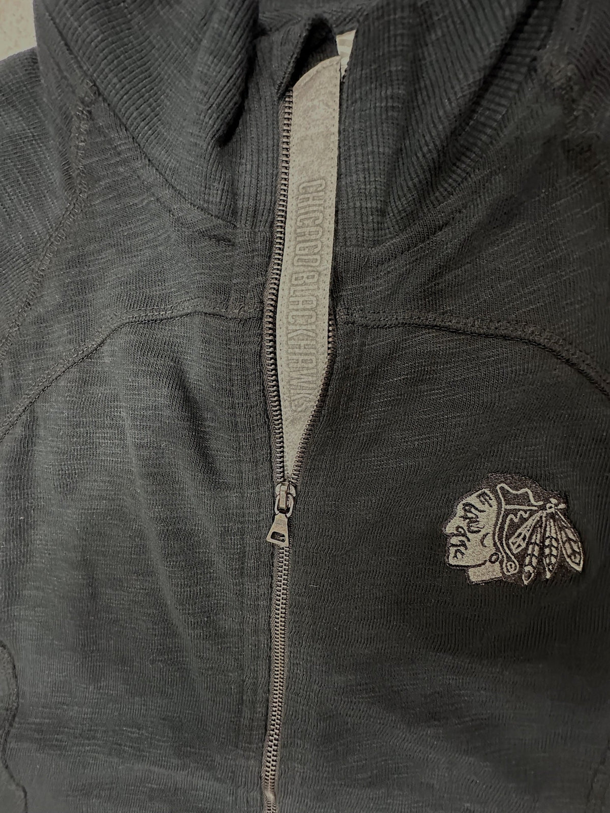 Chicago Blackhawks Full Zip Black Down The Middle Faux Show Text Crew Jacket for Women product image 2, provided for visual