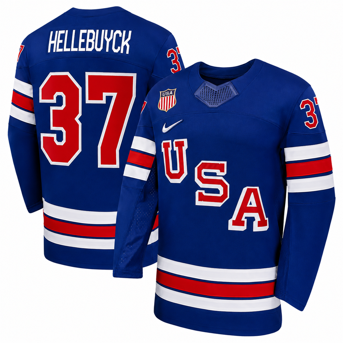 Team USA Hockey Nike Connor Hellebuyck #37 Blue Replica Jersey for Men product image 1, provided for visual reference and
