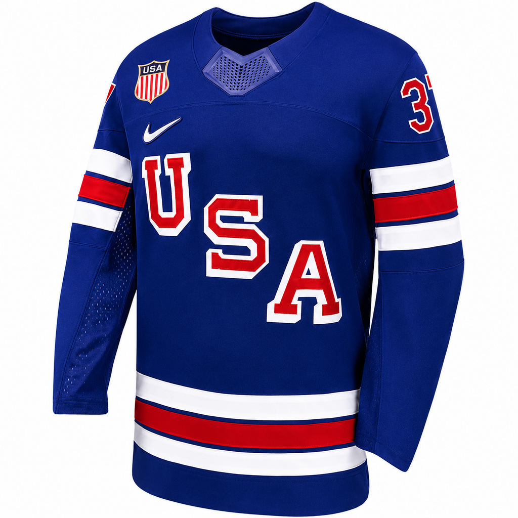Team USA Hockey Nike Connor Hellebuyck #37 Blue Replica Jersey for Men product image 3, provided for visual reference and
