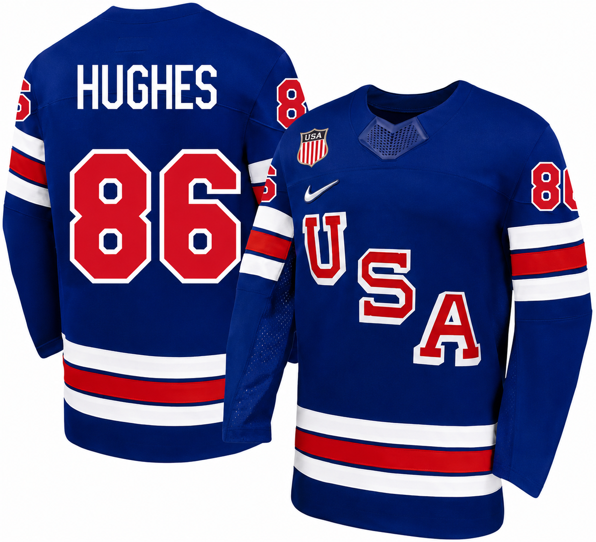 Team USA Hockey Nike Jack Hughes #86 Blue Replica Jersey for Men product image 1, provided for visual reference and product