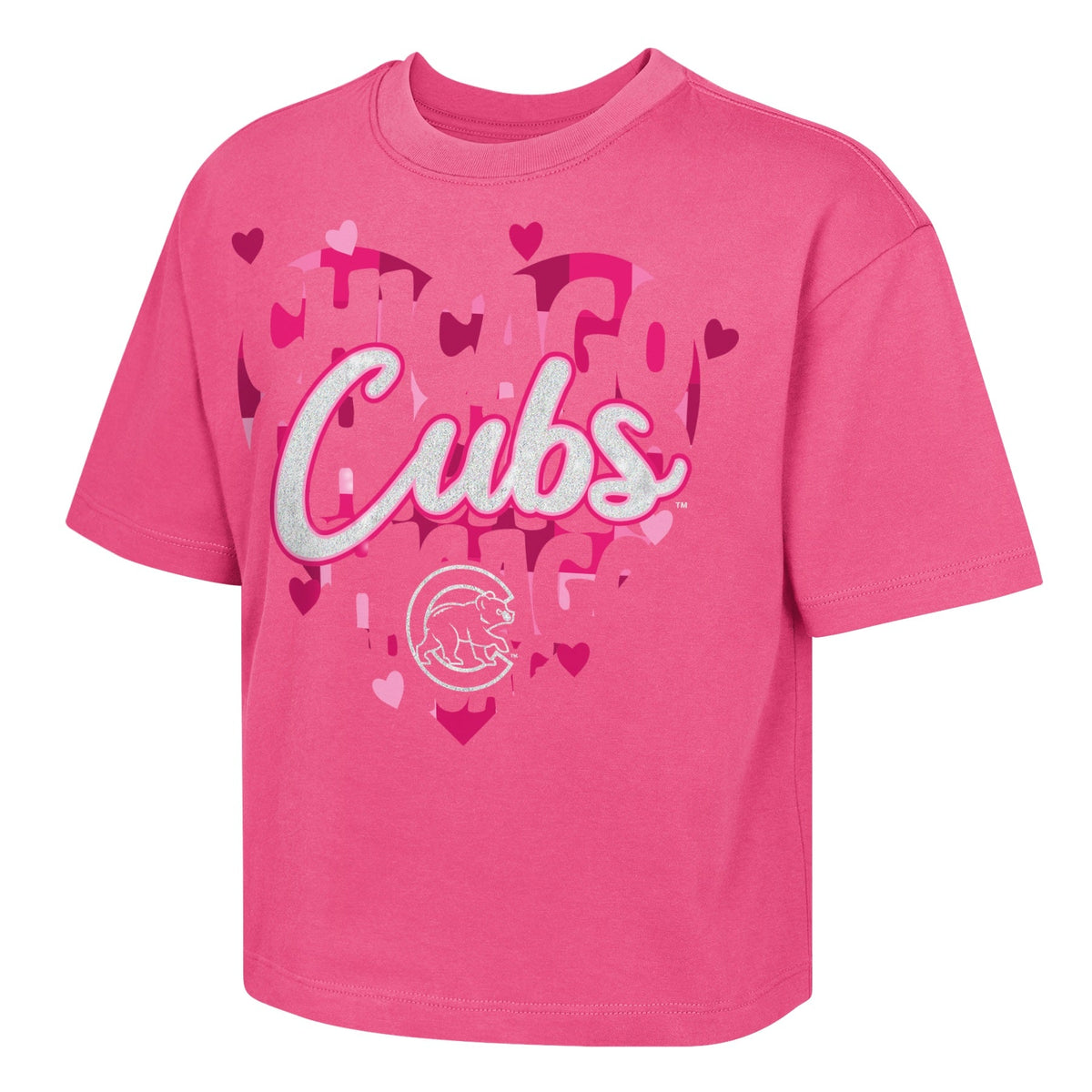 Youth Girls Chicago Cubs Pink Play Boxy T-Shirt product image 1, provided for visual reference and product detail review