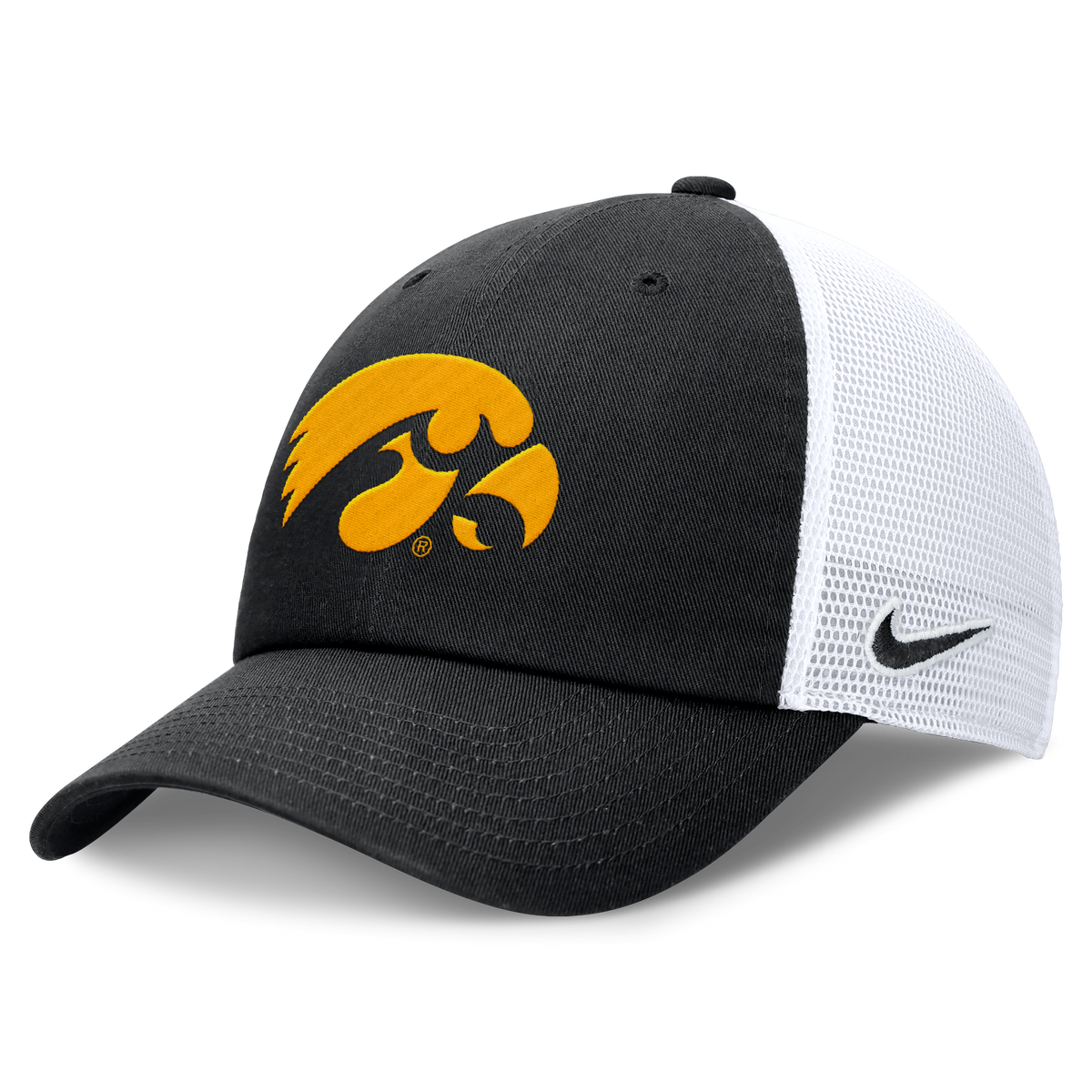 Iowa Hawkeyes Nike Black Club Unstructured Adjustable Trucker Hat product image 1, provided for visual reference and product
