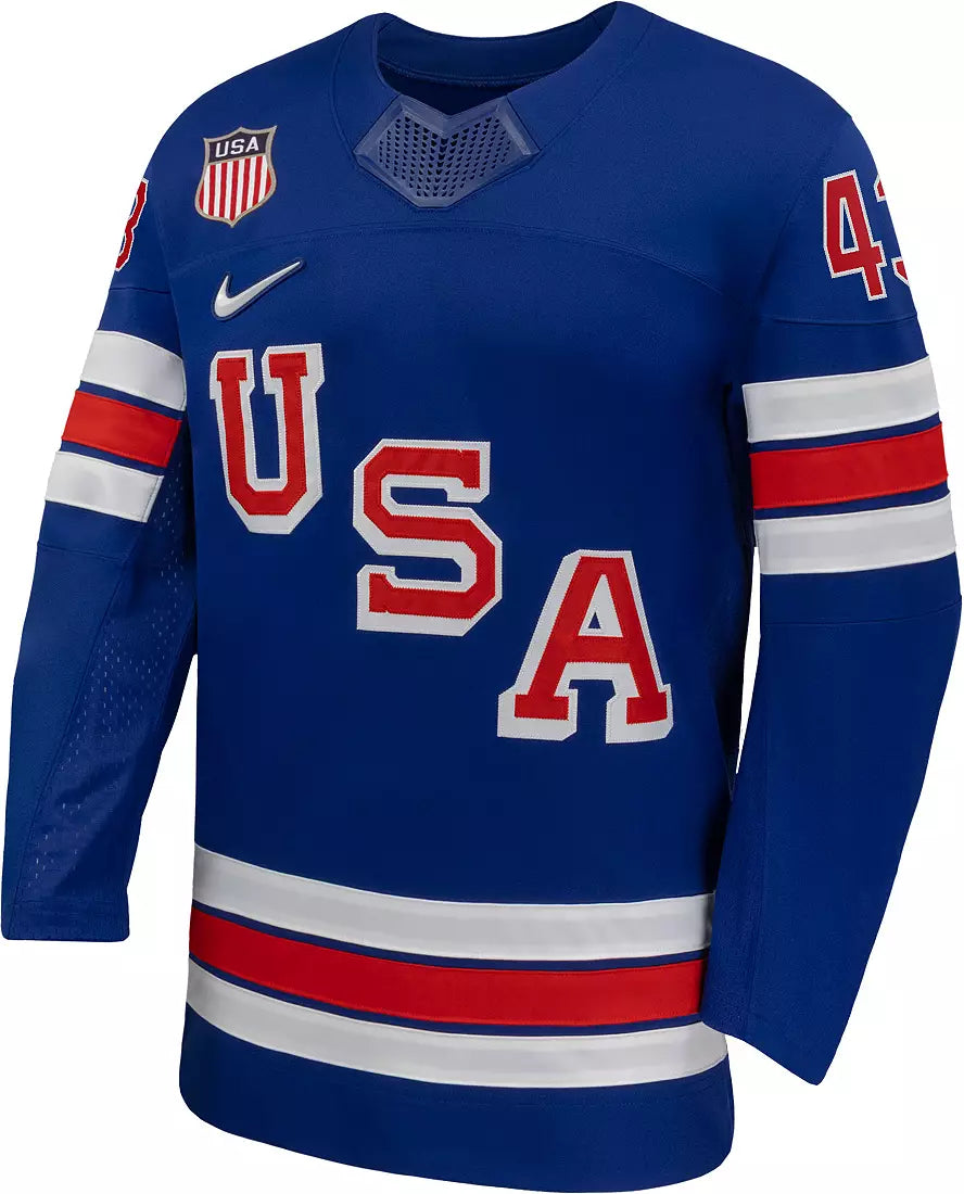 Team USA Hockey Nike Quinn Hughes #43 Blue Replica Jersey for Men product image 3, provided for visual reference and product
