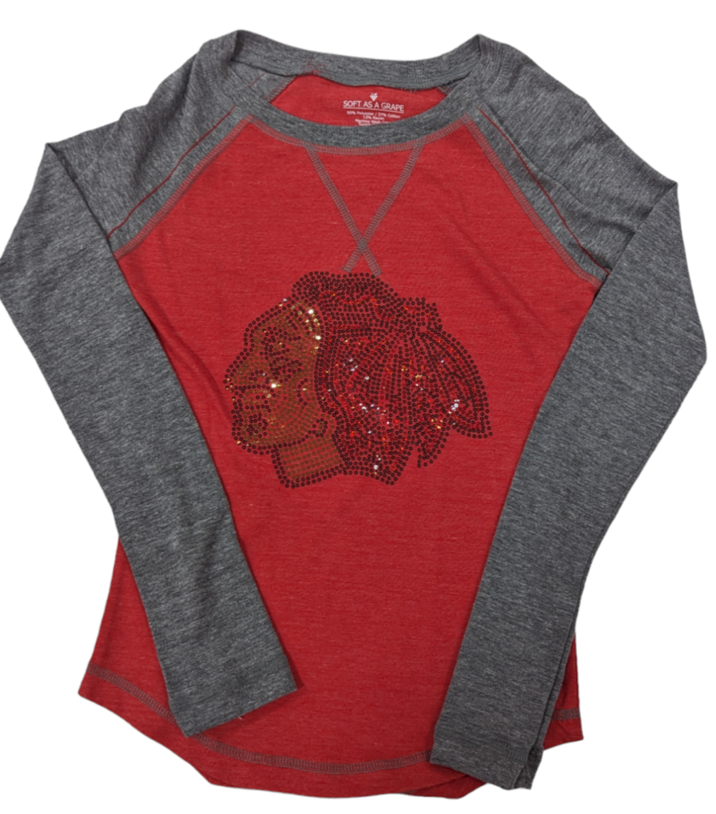 Chicago Blackhawks NHL Soft As A Grape Red/Gray Blocked Bling Logo Long Sleeve T-Shirt for Women product image 1, provided