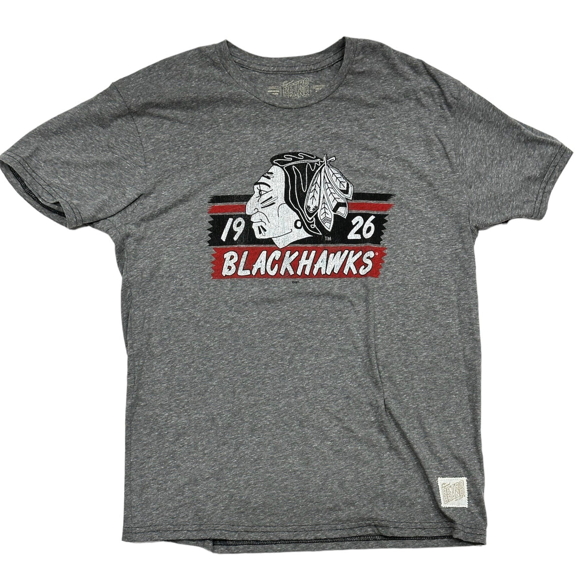 Mens Chicago Blackhawks Vintage Logo Gray Textured Tri Blend T-Shirt product image 1, provided for visual reference and