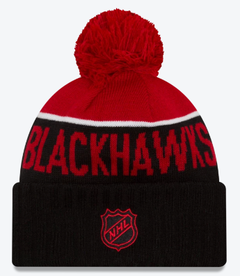 Chicago Blackhawks Junior Sports Pom Knit Hat By New Era product image 2, provided for visual reference and product detail