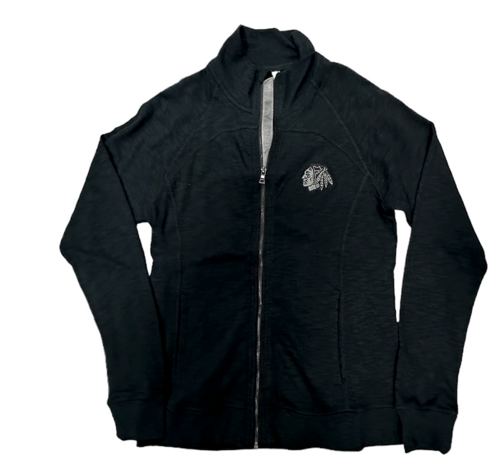 Chicago Blackhawks Full Zip Black Down The Middle Faux Show Text Crew Jacket for Women product image 1, provided for visual
