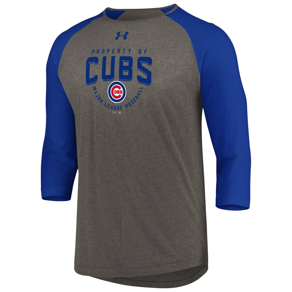Chicago Cubs Under Armour Heathered Gray/Blue Tri-Blend Property Of 3/4-Sleeve Performance T-Shirt for Men product image 2,