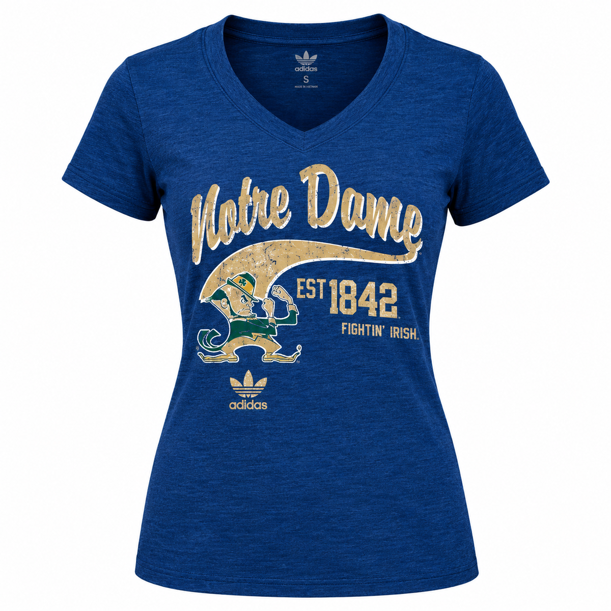 Notre Dame Adidas Ladies Navy Fearless V-Neck T-Shirt product image 1, provided for visual reference and product detail