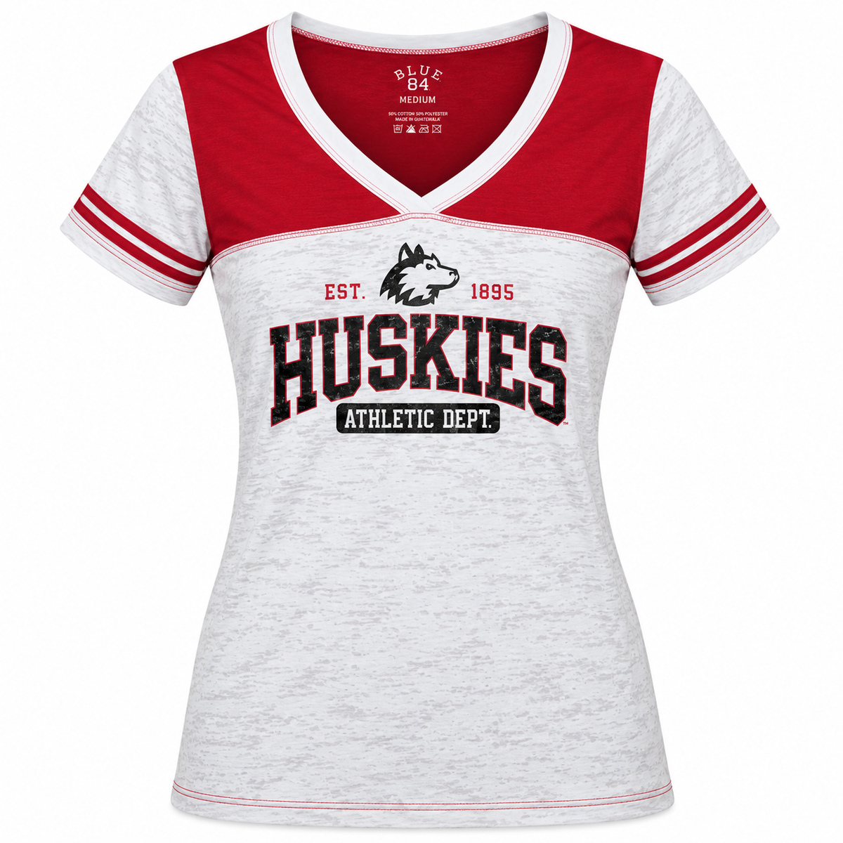 Womens NCAA Northern Illinois Huskies White Athletic Department Burnout V-Neck T-Shirt product image 1, provided for visual