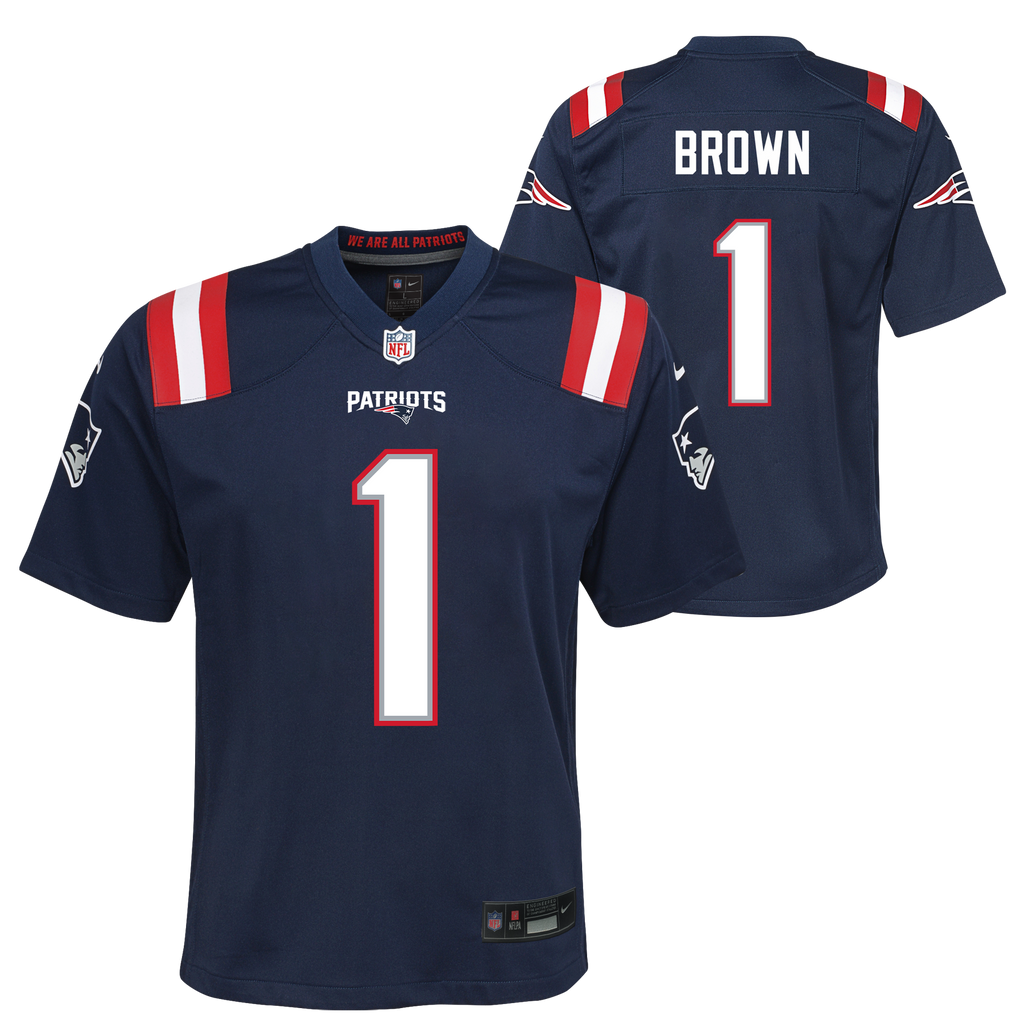 Youth AJ Brown New England Patriots Nike Navy Game Jersey product image 1, provided for visual reference and product detail