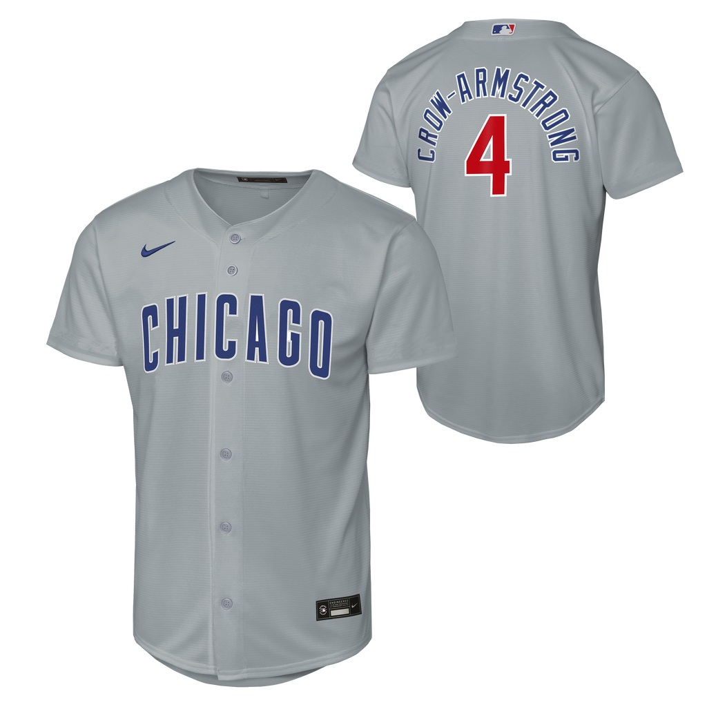 NIKE Youth Chicago Cubs Pete Crow-Armstrong Road Gray Baseline Replica Jersey product image 1, provided for visual reference