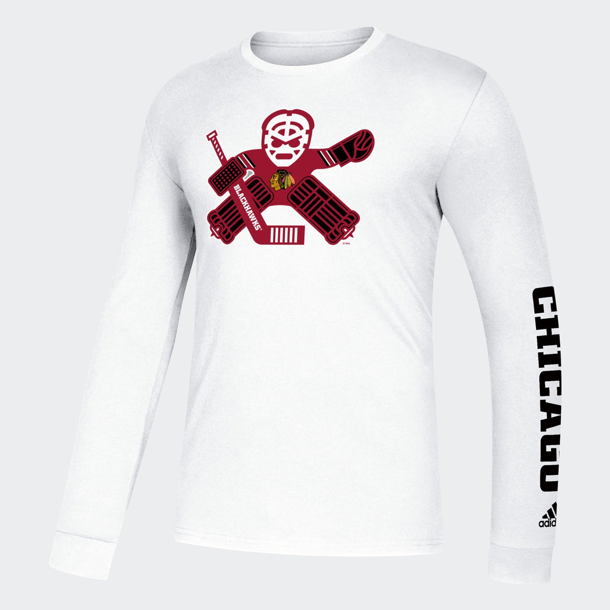 Chicago Blackhawks White Line 6 Goalie Amplifier Long Sleeve T-Shirt for Men product image 1, provided for visual reference