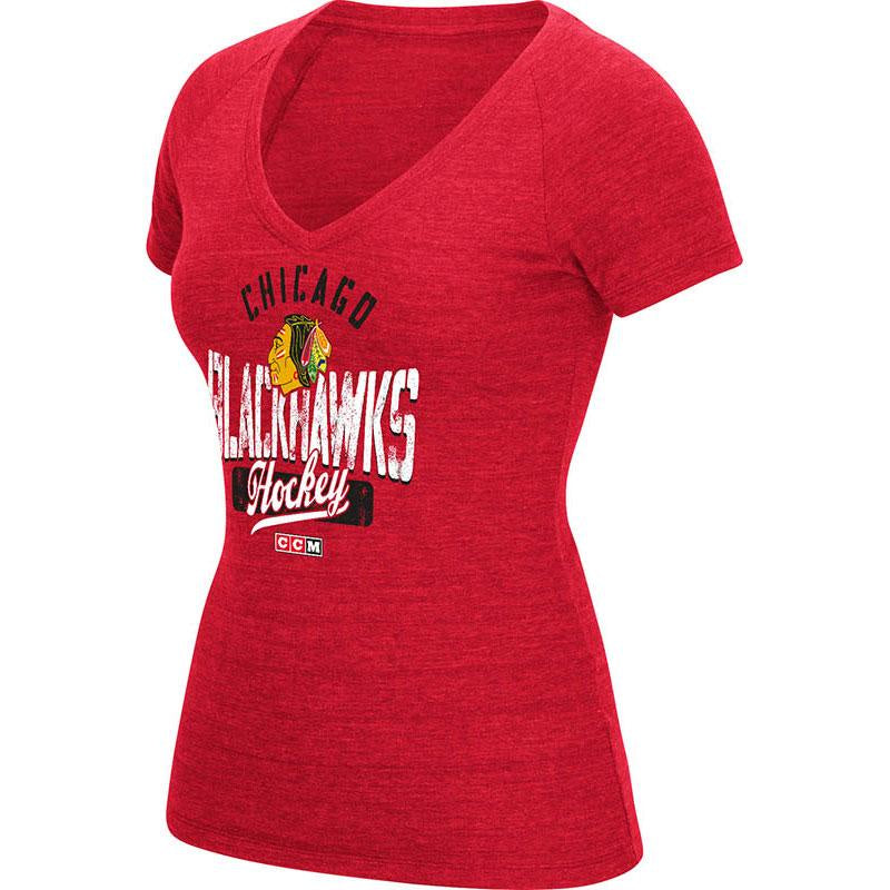 Chicago Blackhawks CCM Heather Red Arch Down V-Neck T-Shirt for Women product image 1, provided for visual reference and