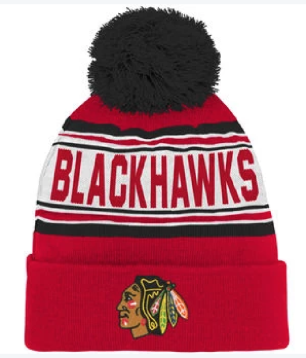 Kids Chicago Blackhawks Red Face Off Cuffed Pom Knit Hat By Reebok product image 1, provided for visual reference and
