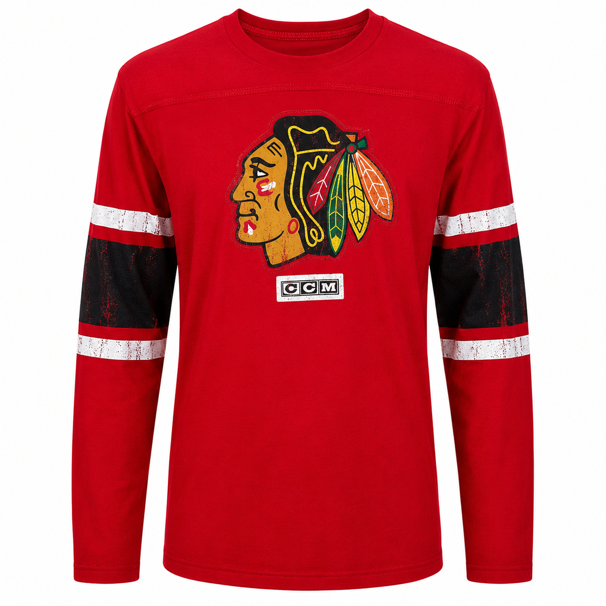 Youth Chicago Blackhawks CCM Red Patched Logo Long Sleeve T-Shirt product image 1, provided for visual reference and product