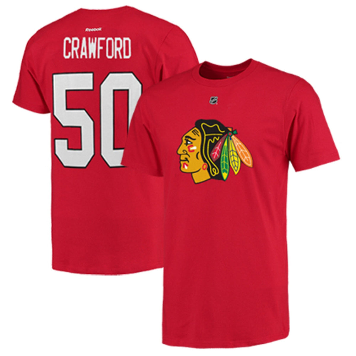 Chicago Blackhawks Corey Crawford RBK Red Name & Number T-Shirt for Men product image 1, provided for visual reference and