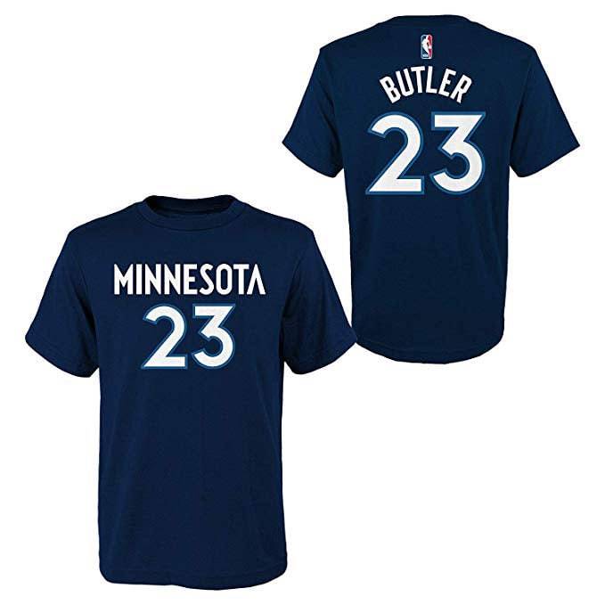 Youth Minnesota Timberwolves Jimmy Butler Name and Number T-Shirt product image 1, provided for visual reference and product