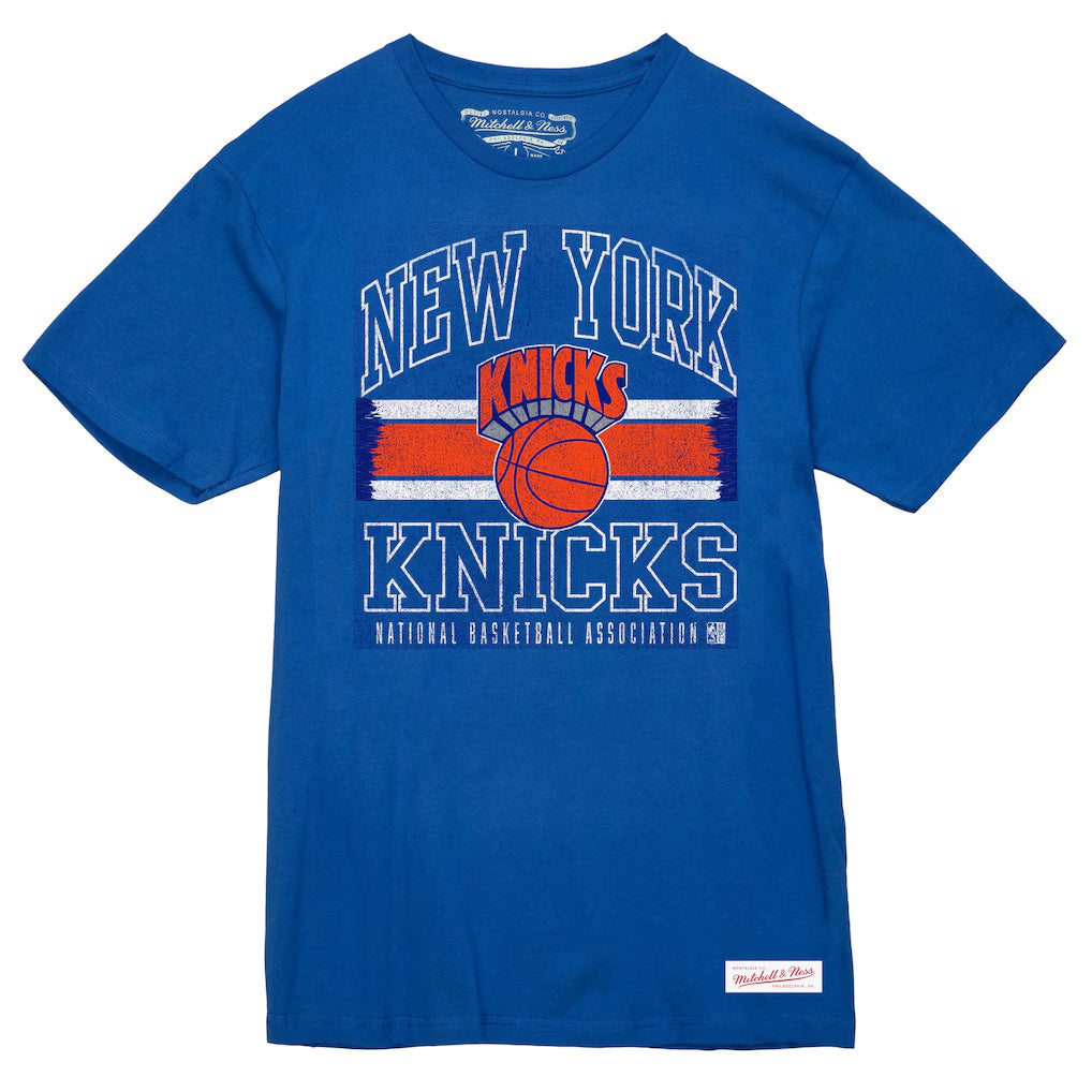 New York Knicks Mitchell & Ness Striped Logo Lockup Premium T-Shirt - Royal product image 1, provided for visual reference