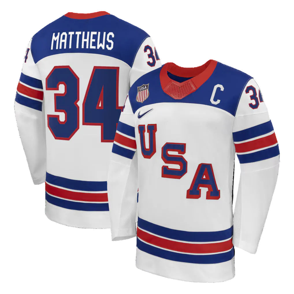 Team USA Hockey Nike Auston Matthews #34 White Replica Jersey for Men product image 1, provided for visual reference and