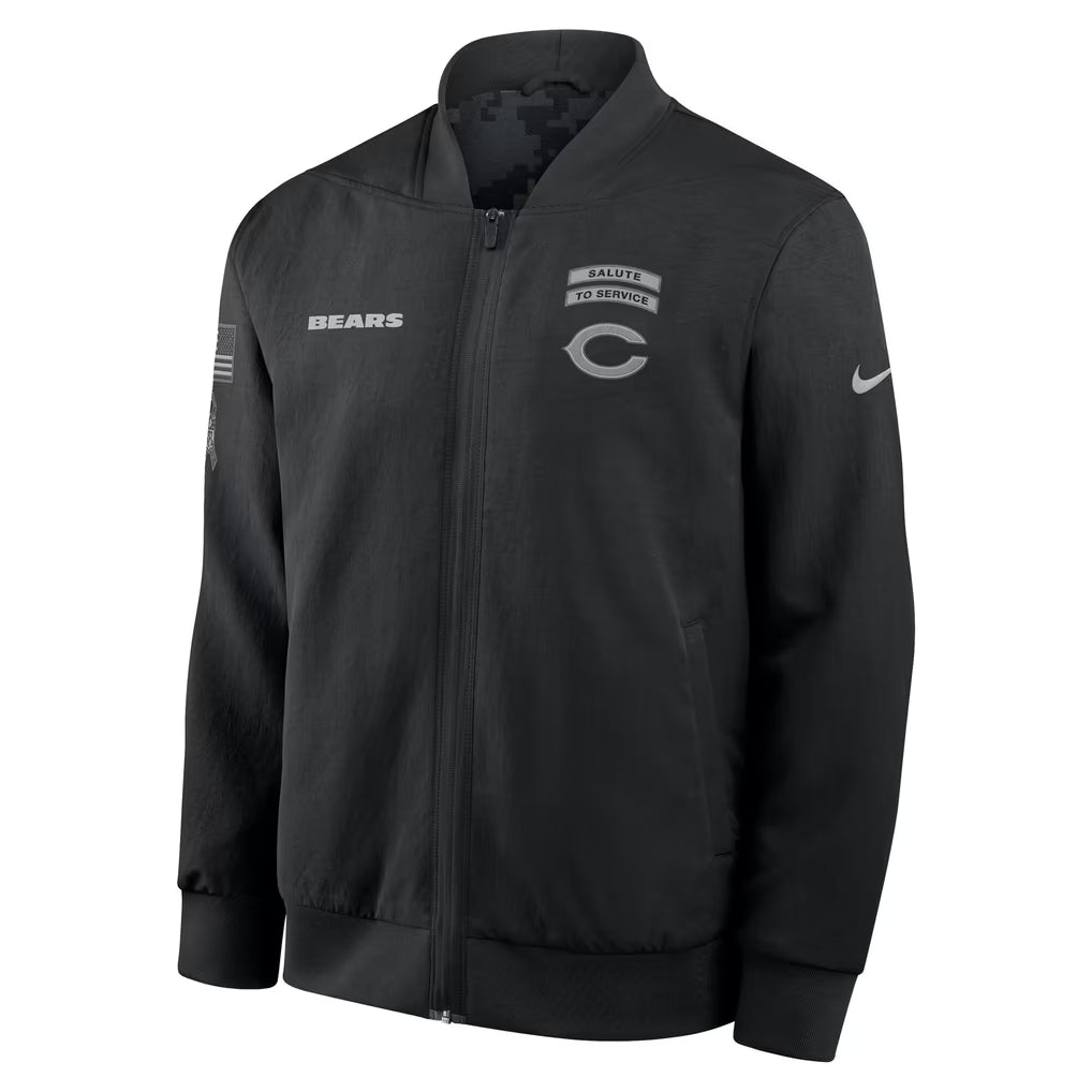 Chicago Bears Nike Black 2026 Salute to Service Sideline Full-Zip Bomber Jacket for Men product image 1, provided for visual