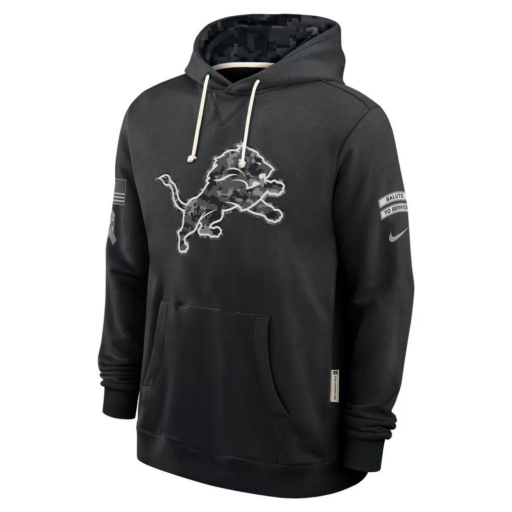 Mens Detroit Lions Nike 2026 Salute to Service Sideline Dri-FIT Pullover Hoodie - Black product image 1, provided for visual