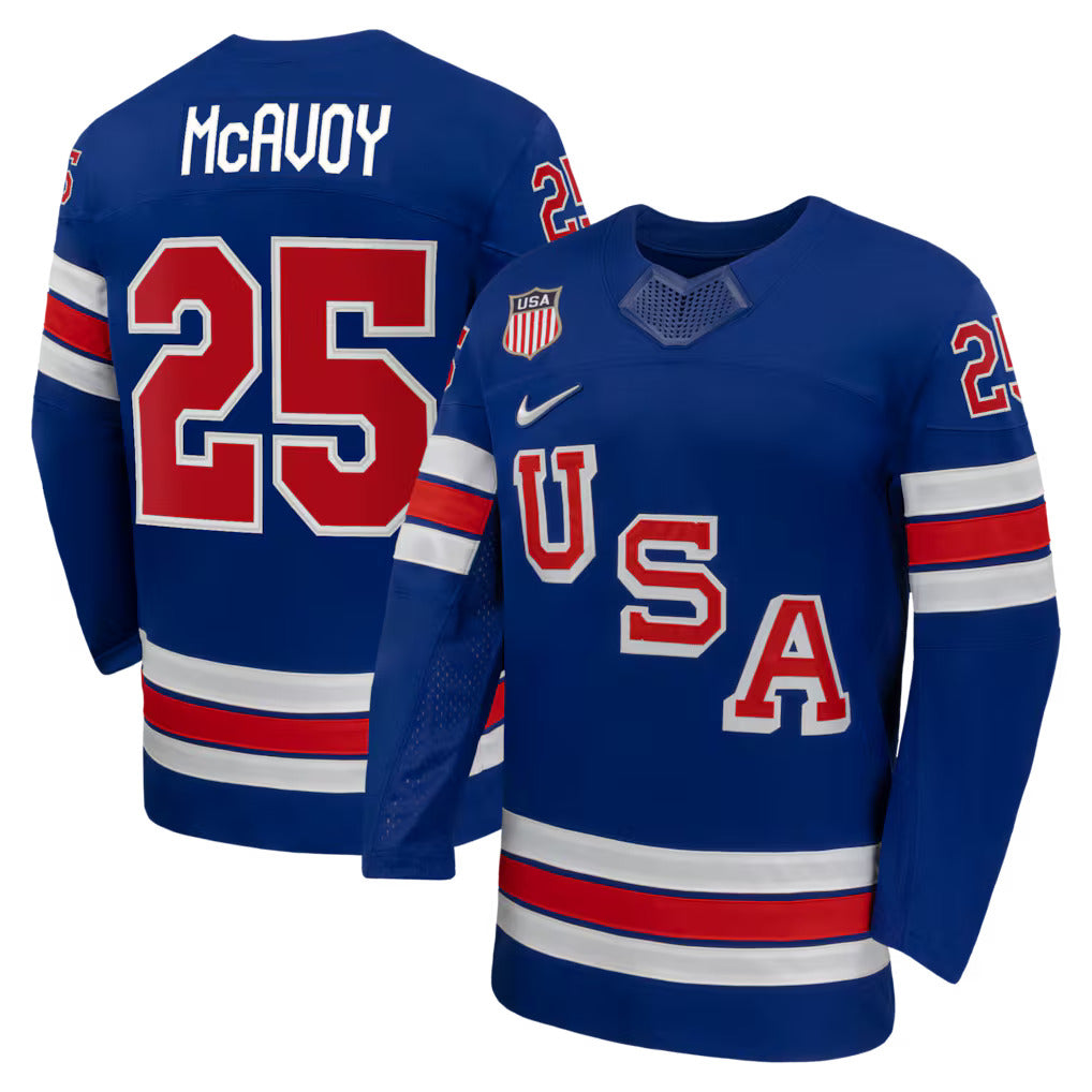 Team USA Hockey Nike Charlie McAvoy #25 Blue Replica Jersey for Men product image 1, provided for visual reference and