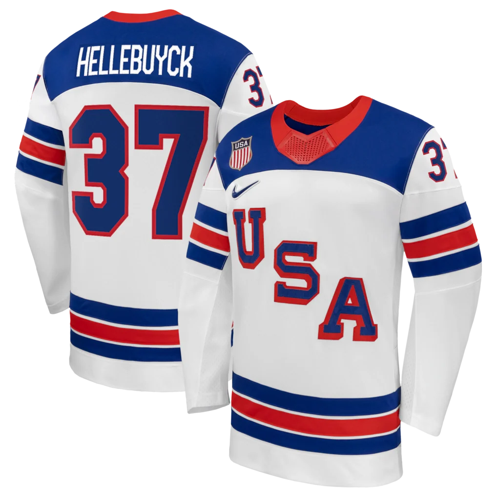 Team USA Hockey Nike Connor Hellebuyck #37 White Replica Jersey for Men product image 1, provided for visual reference and