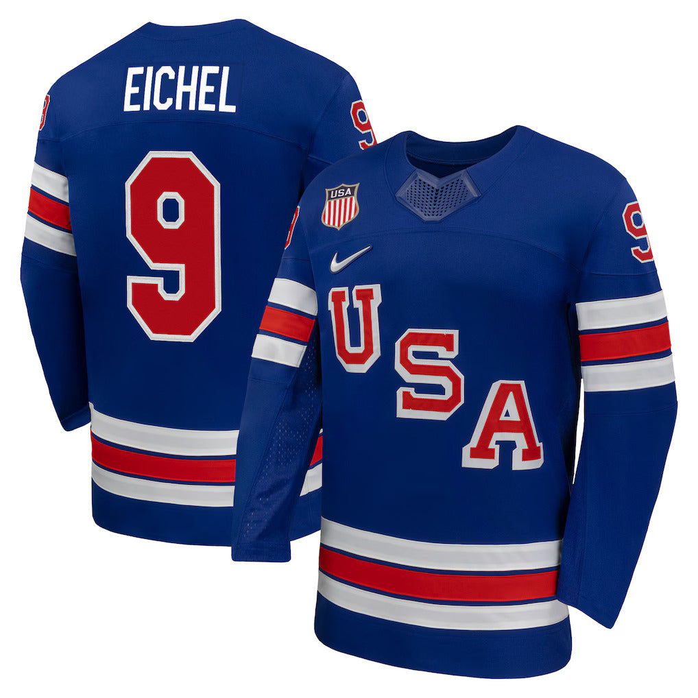 Team USA Hockey Nike Jack Eichel #9 Blue Replica Jersey for Men product image 1, provided for visual reference and product