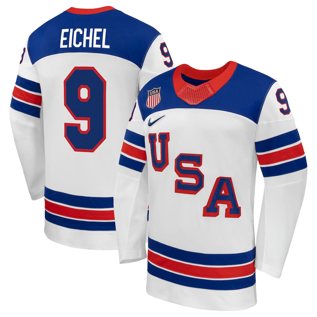 Team USA Hockey Nike Jack Eichel #9 White Replica Jersey for Men product image 1, provided for visual reference and product