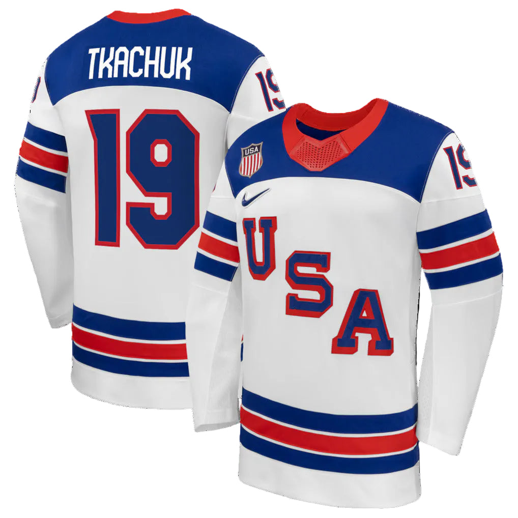 Team USA Hockey Nike Matthew Tkachuk #19 White Replica Jersey for Men product image 1, provided for visual reference and